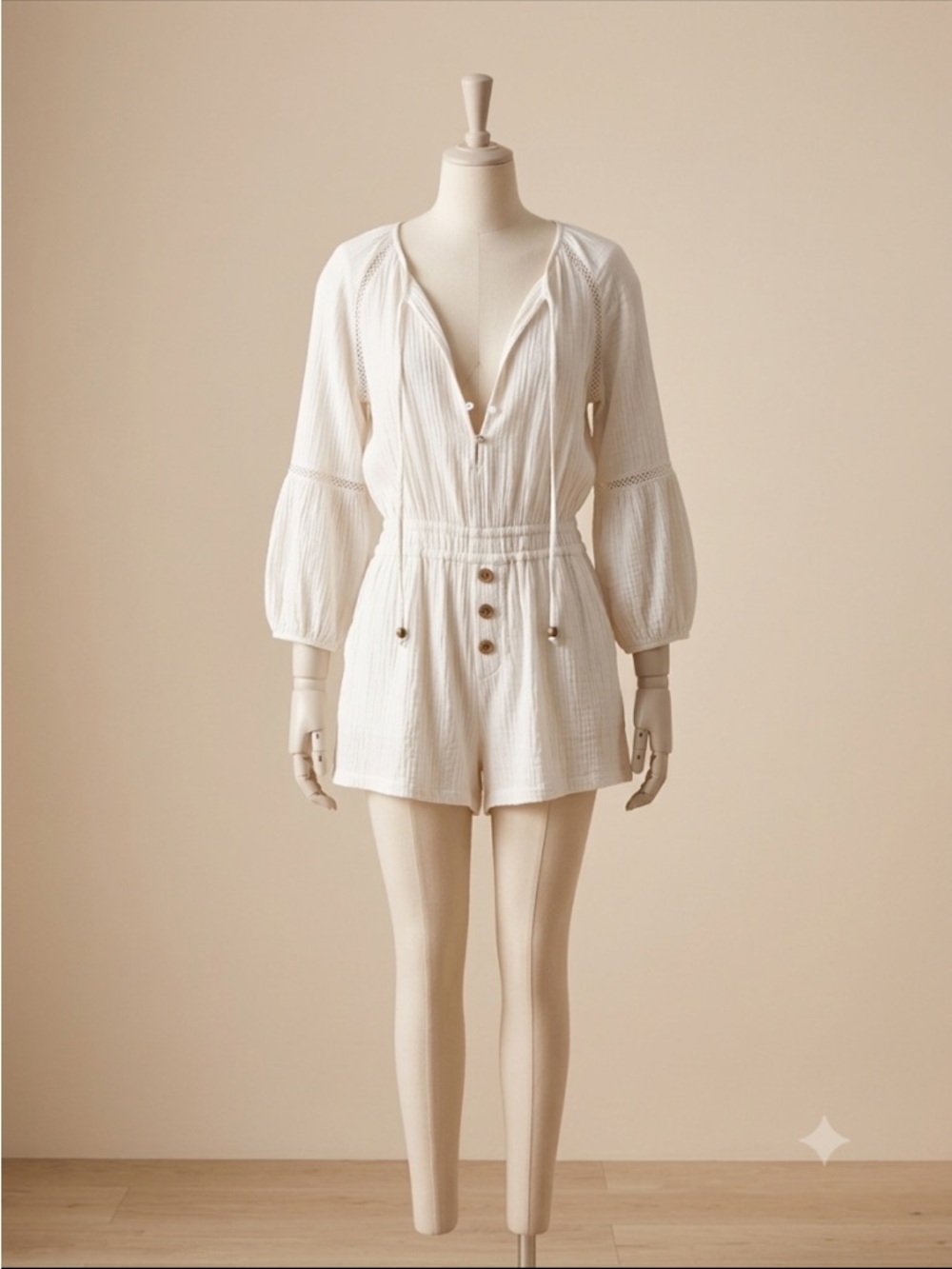 Zara Cream Textured Long-Sleeve Button Romper